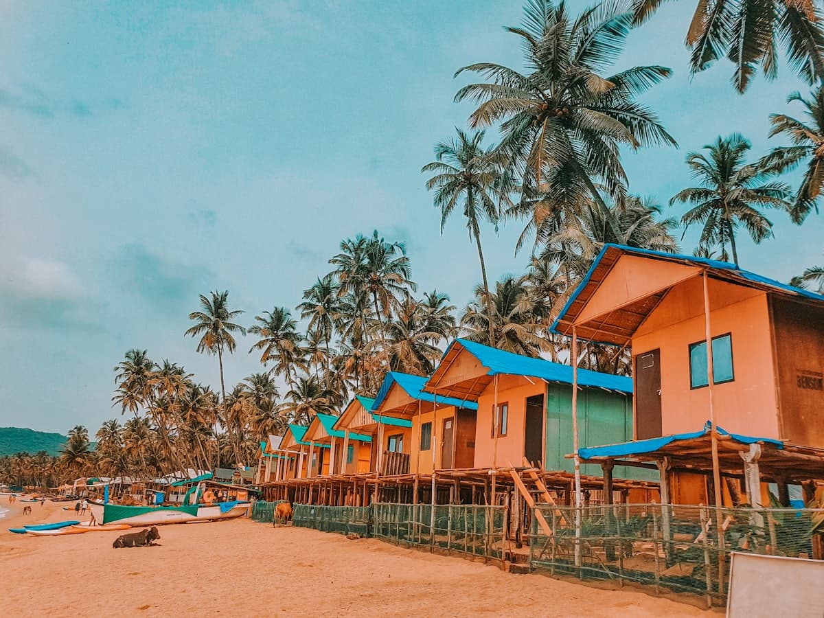 Row of orange-painted beach huts under tall palm trees